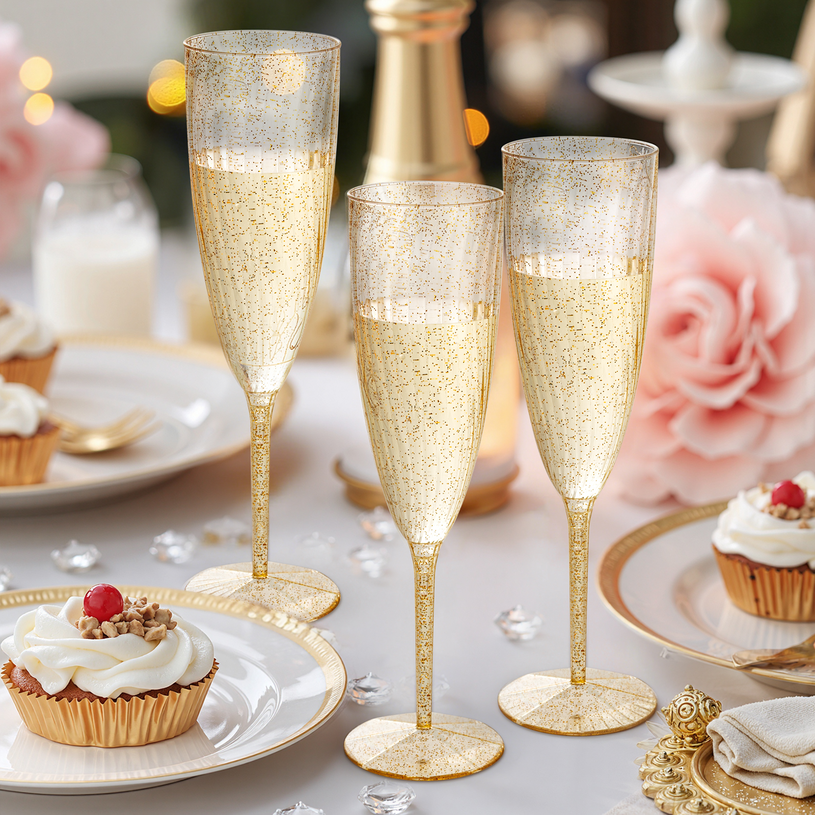 Gold Glitter 6OZ Disposable Champagne Flutes Plastic (36 Pieces) — view 10