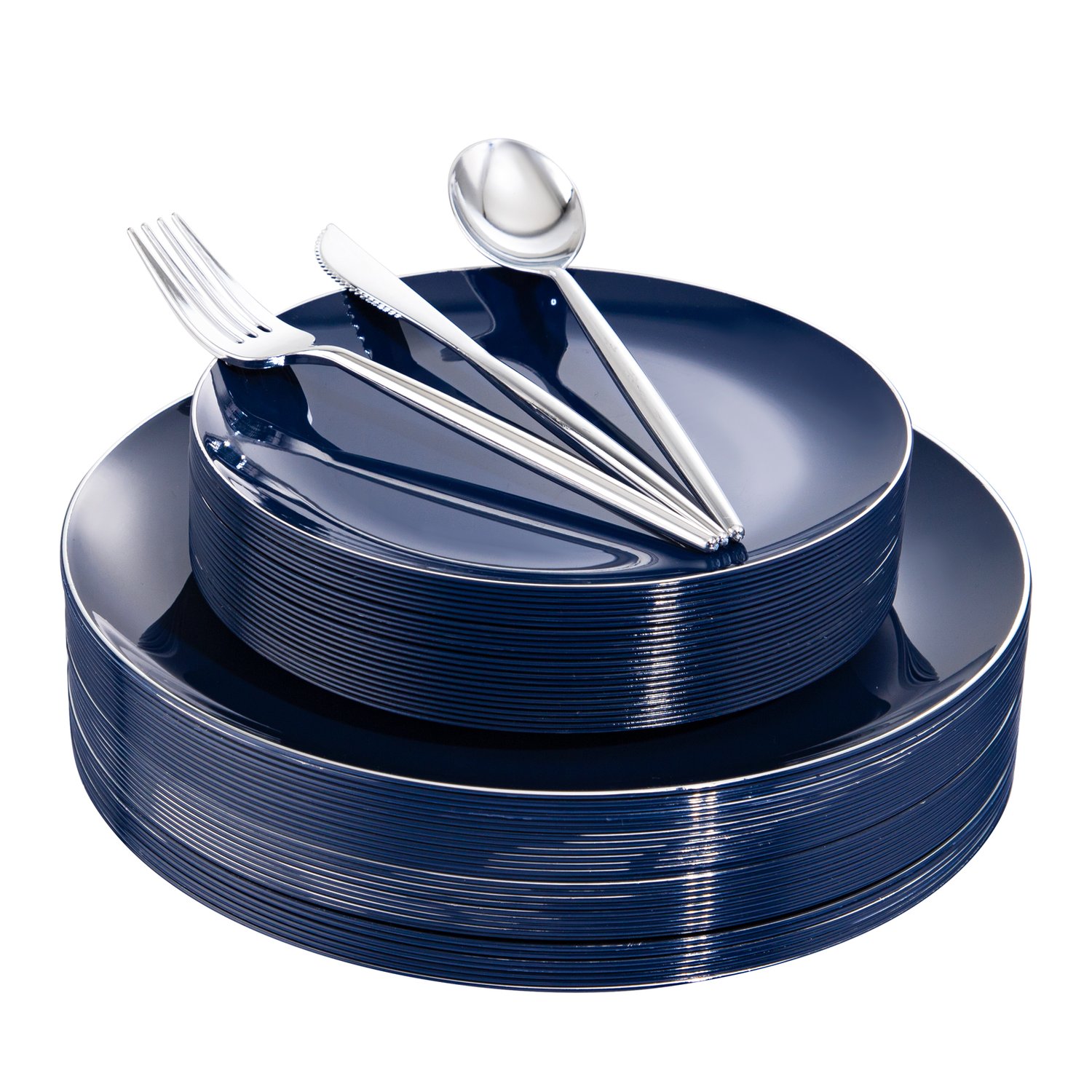 Blue plastic plates and cutlery set — product view 1