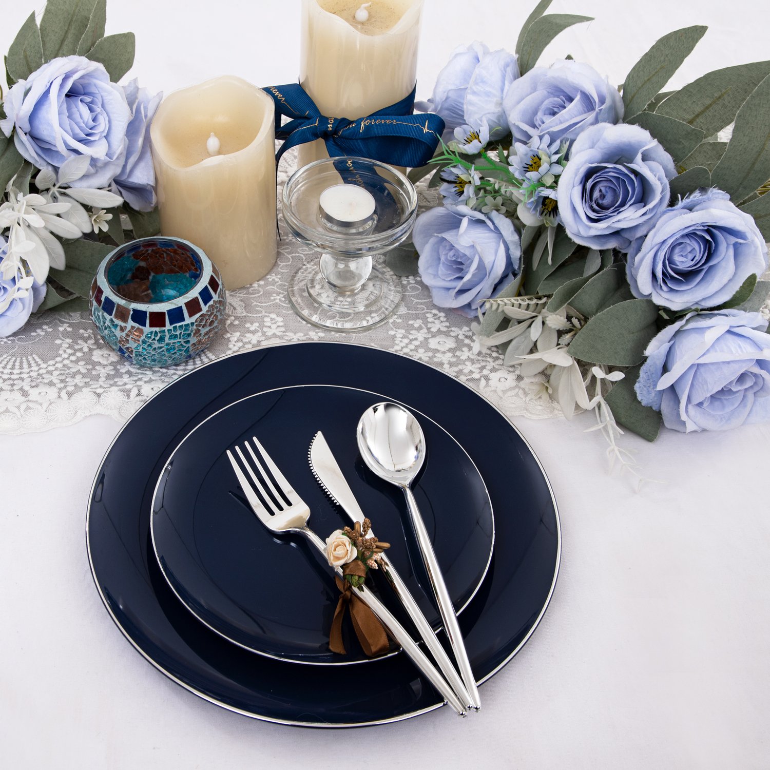 Blue plastic plates and cutlery set — product view 5