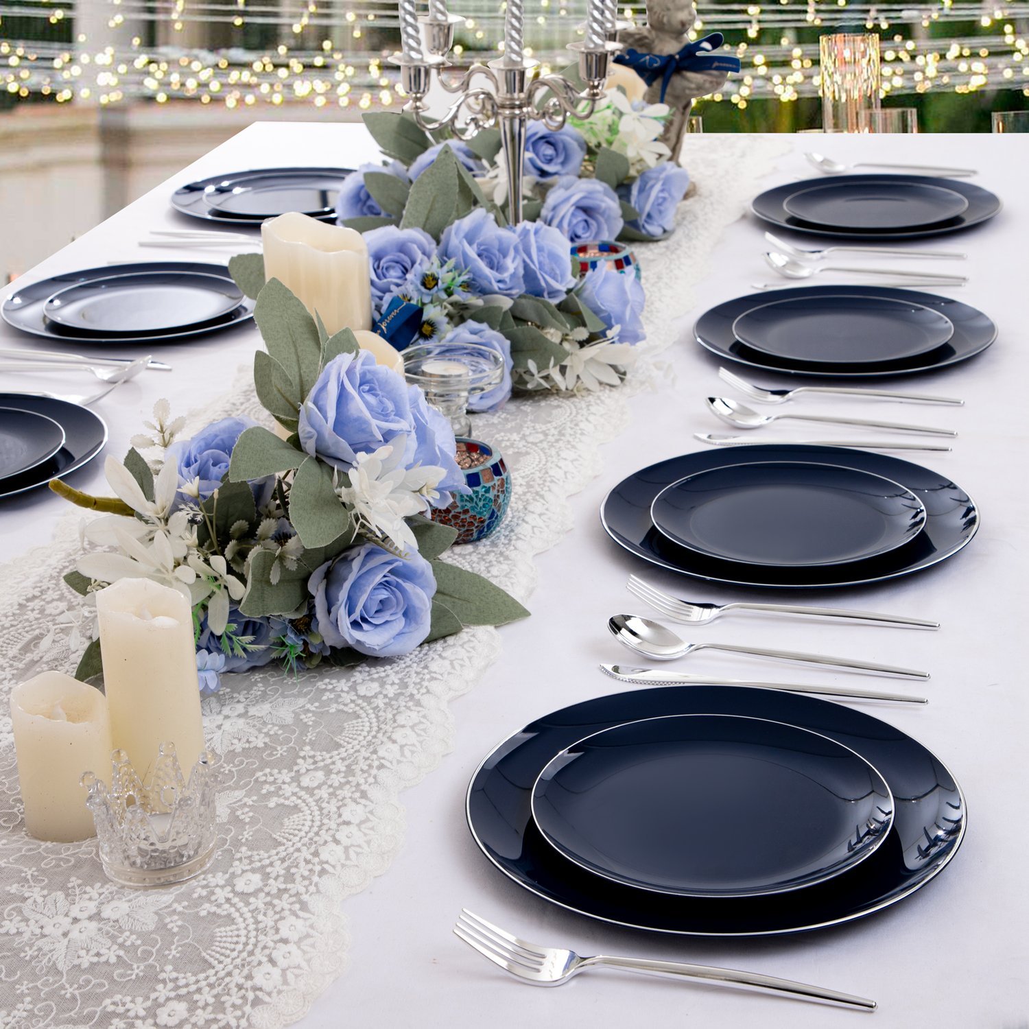 Blue plastic plates and cutlery set — product view 6