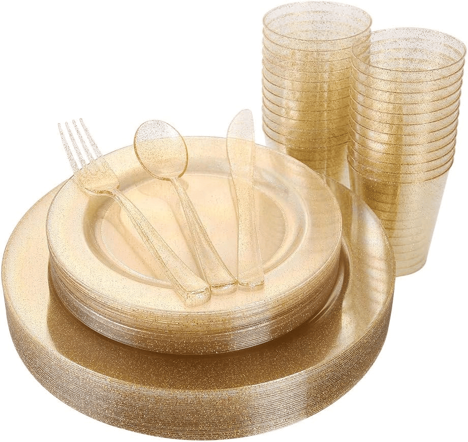 Gold glitter plastic plates and cutlery set — product view 1