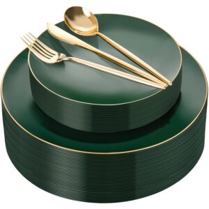 Green plastic plates and cutlery set — product view 1