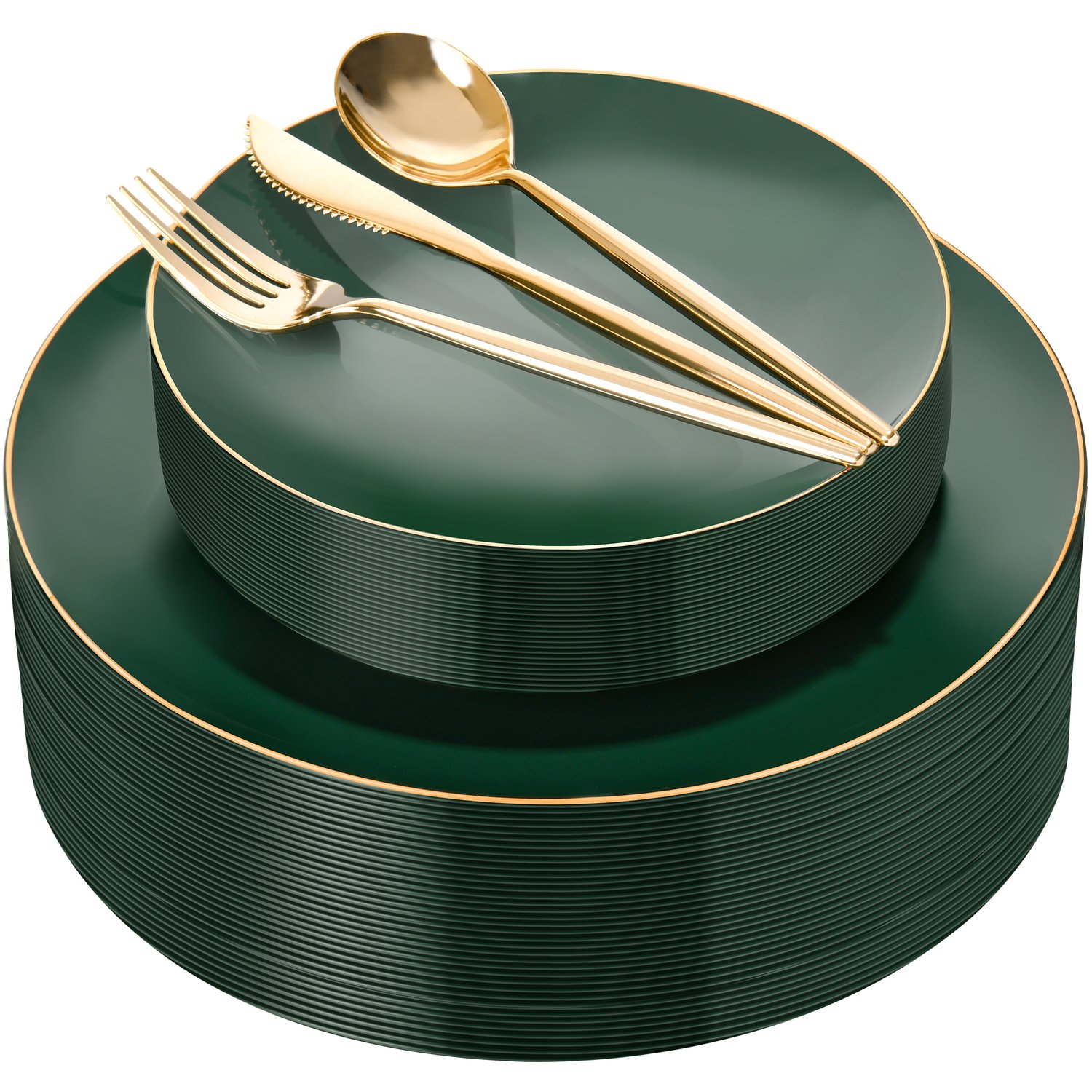 Green plastic plates and cutlery set — product view 1