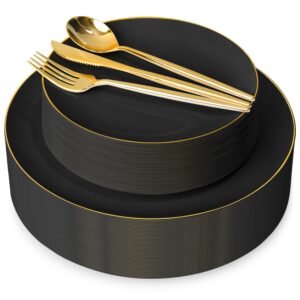 Black plastic plates and cutlery set — product view 1