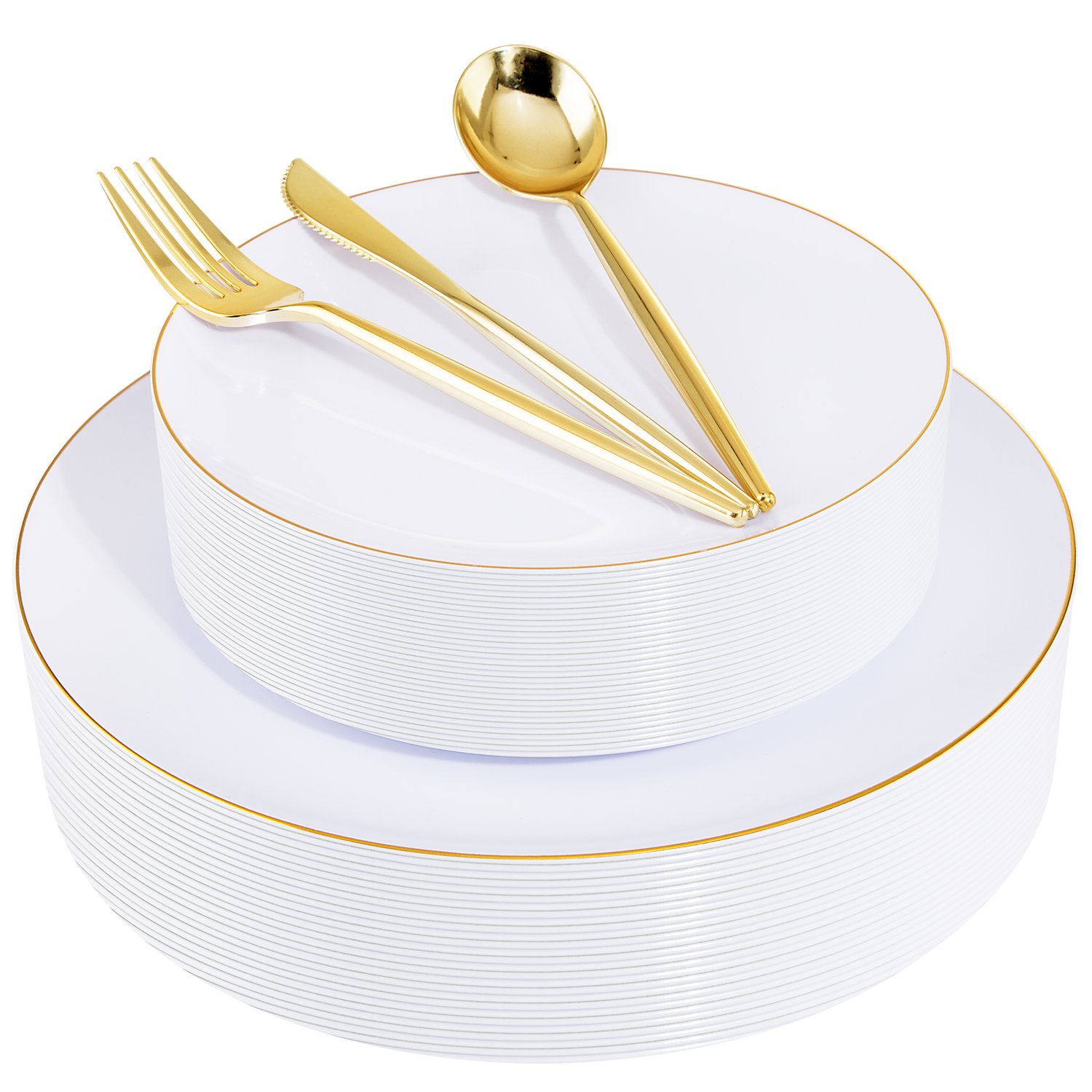 White plastic plates and cutlery set — product view 1