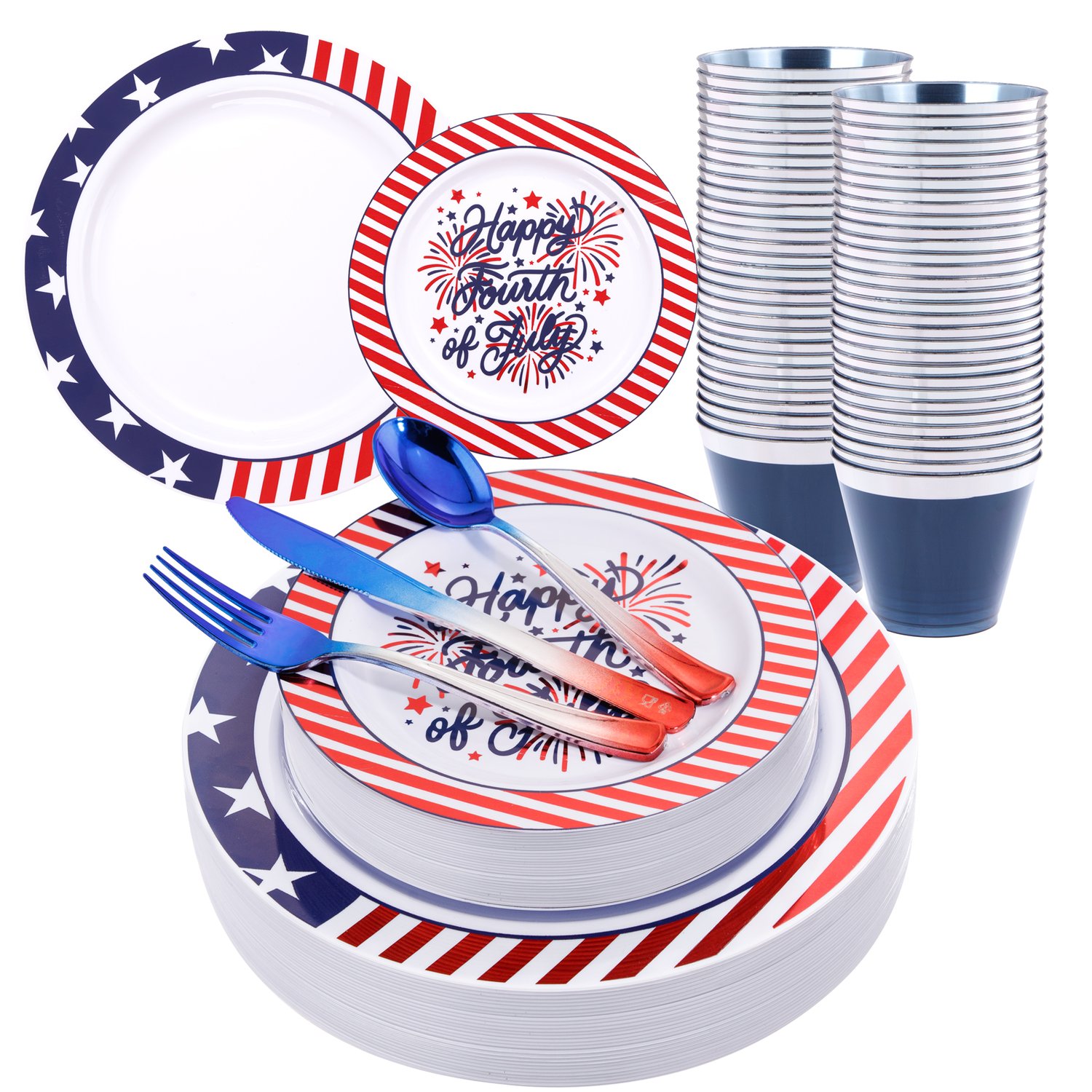 180Pcs 4th of July Plastic Plates & Silverware Set