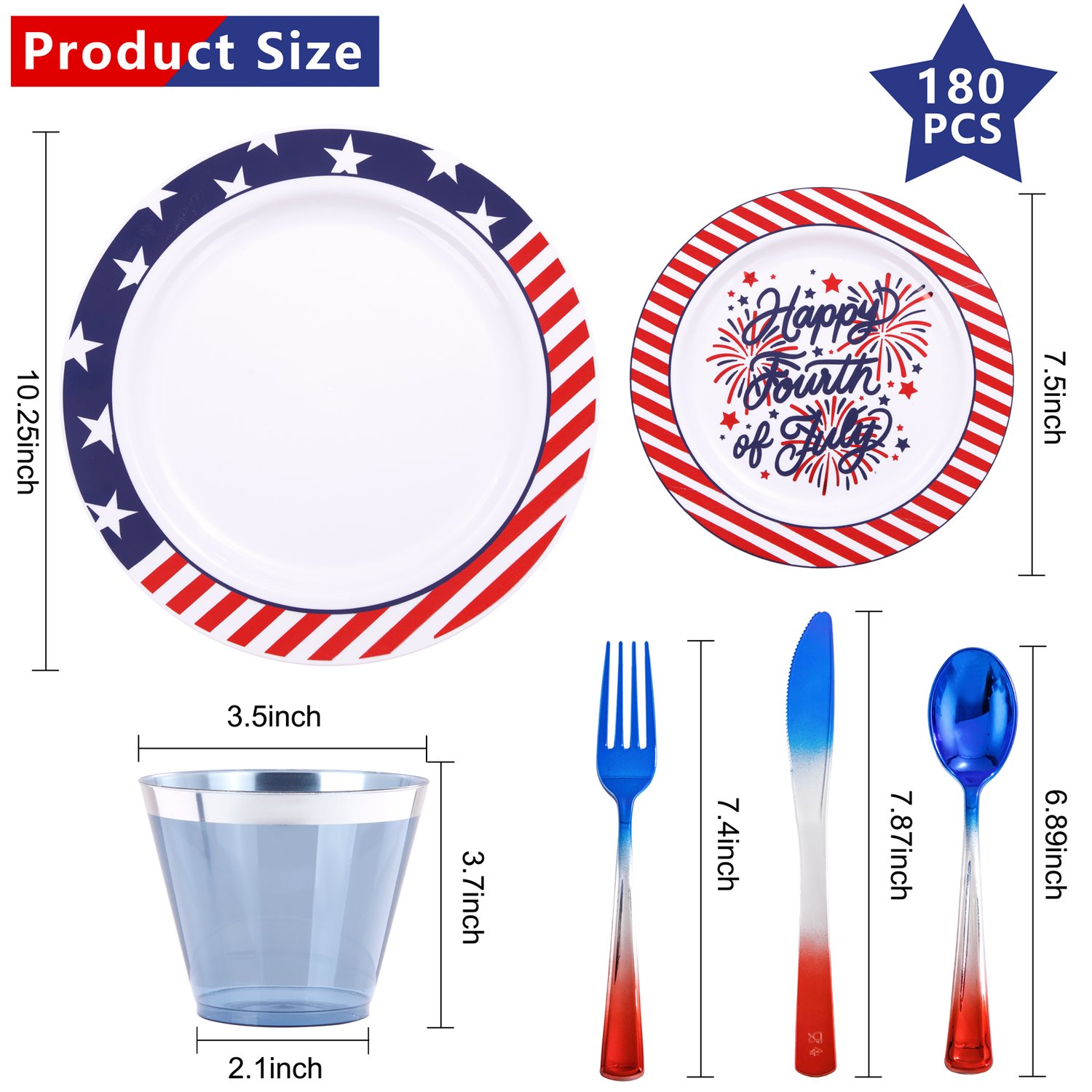 180Pcs 4th of July Plastic Plates & Silverware Set