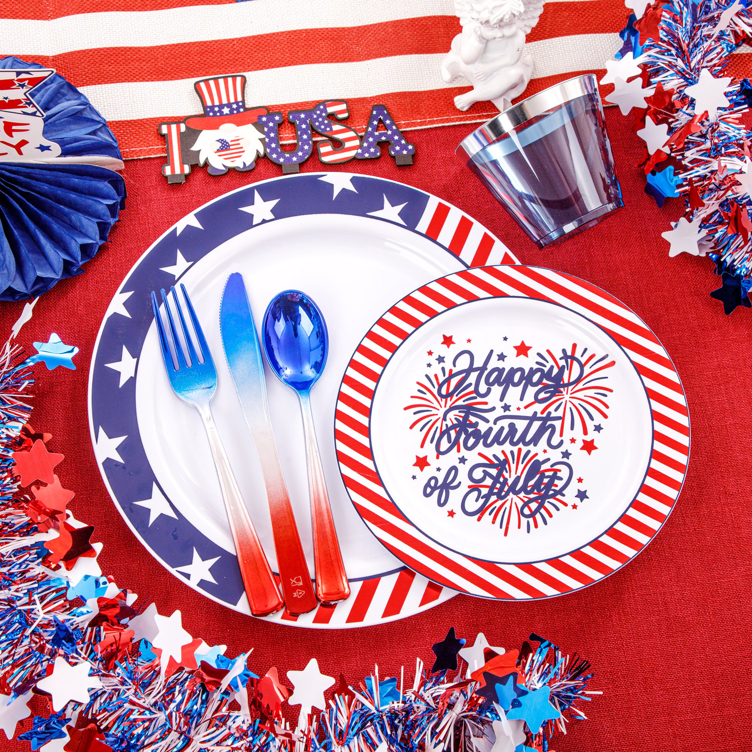 180Pcs 4th of July Plastic Plates & Silverware Set