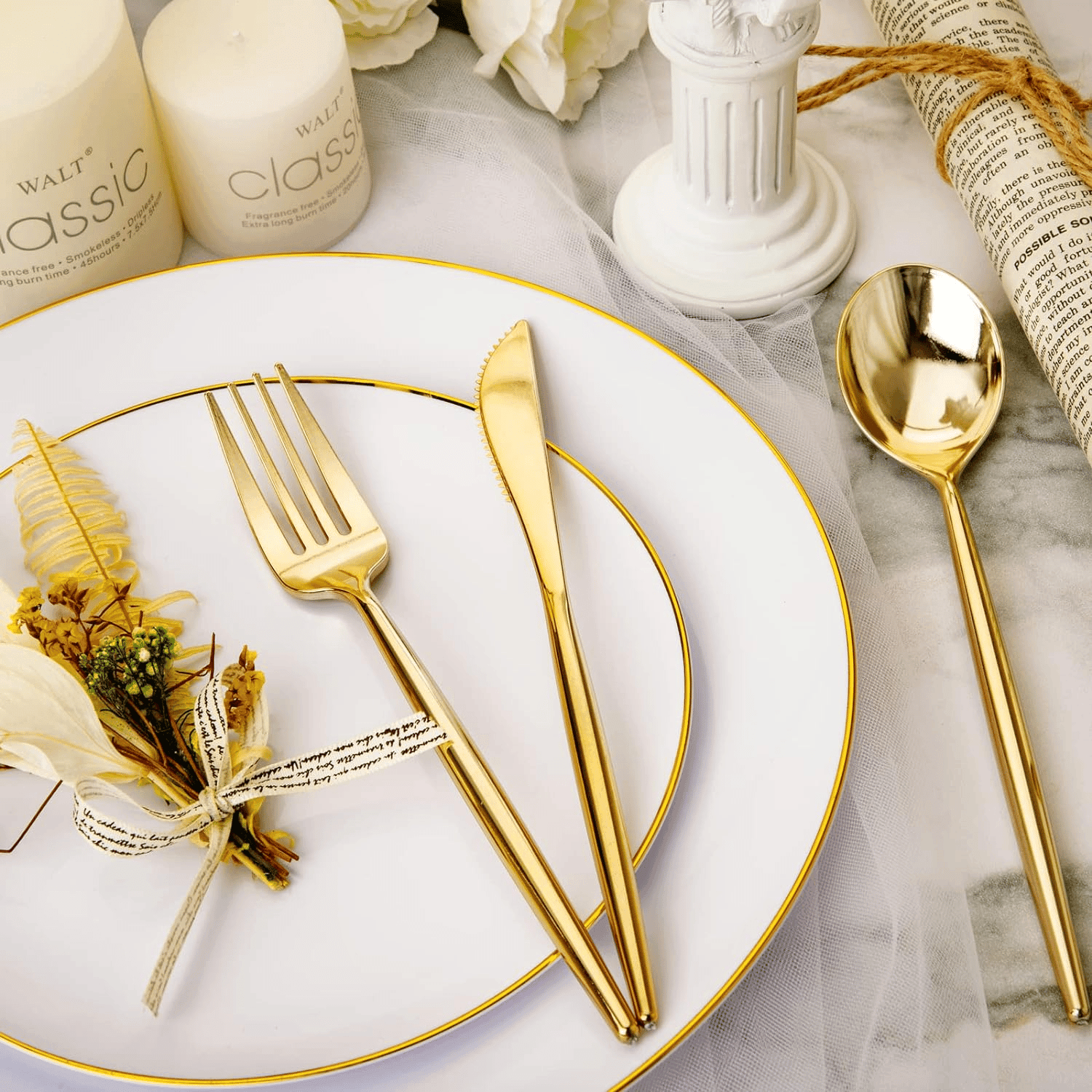 180Pcs Gold Plastic Silverware (60 Forks, 60 Spoons, 60 Knives) - Heavy-Duty & Disposable