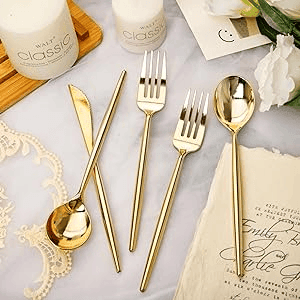 180Pcs Gold Plastic Silverware (60 Forks, 60 Spoons, 60 Knives) - Heavy-Duty & Disposable