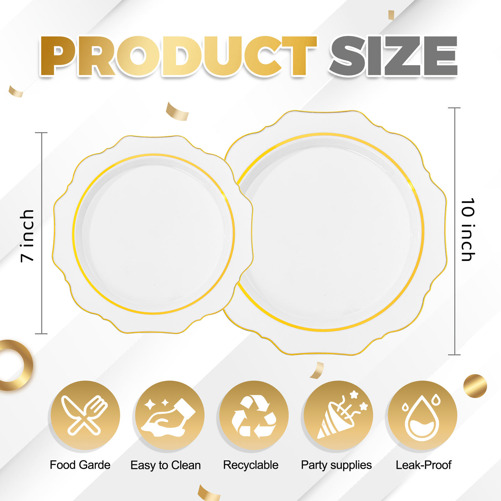 White And Gold Plastic Plates with Rim (100 Pieces) — view 12