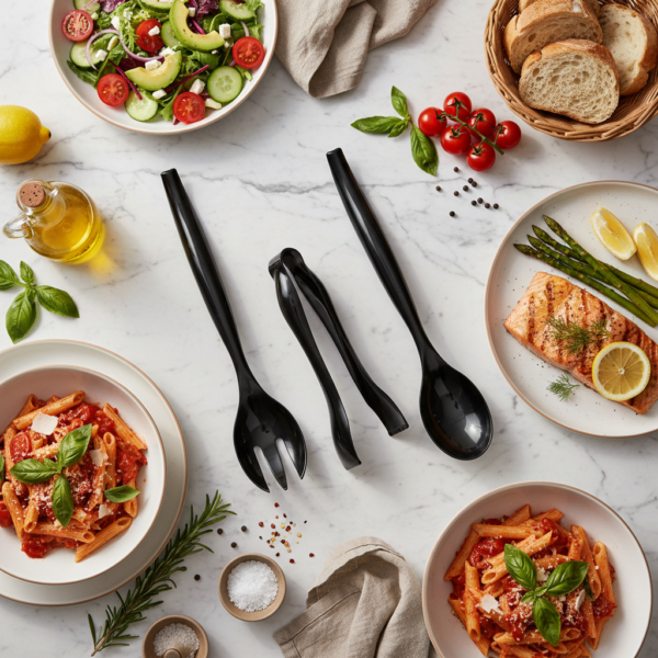Black Serving Utensils,Plastic Serving Utensils,Disposable Serving Utensils Set Include 9.75"Serving Spoons 9.75"Serving Forks 6.3"Plastic Serving Tongs for — view 12