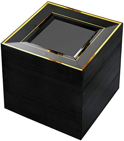 Black With Gold Rim Square Plastic Plates-6inch Disposable Cake Plates- Premium Hard Square Small Appetizer Plates for Wedding/Party — view 1