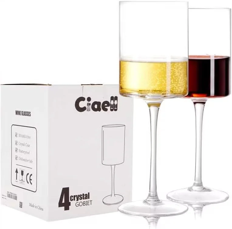 Square Crystal Wine Glasses, Long Stem, Dishwasher Safe (14 oz) — view 1