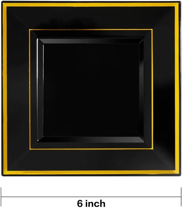Black With Gold Rim Square Plastic Plates-6inch Disposable Cake Plates- Premium Hard Square Small Appetizer Plates for Wedding/Party — view 11