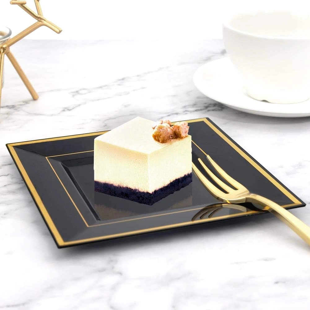 Black With Gold Rim Square Plastic Plates-6inch Disposable Cake Plates- Premium Hard Square Small Appetizer Plates for Wedding/Party — view 13