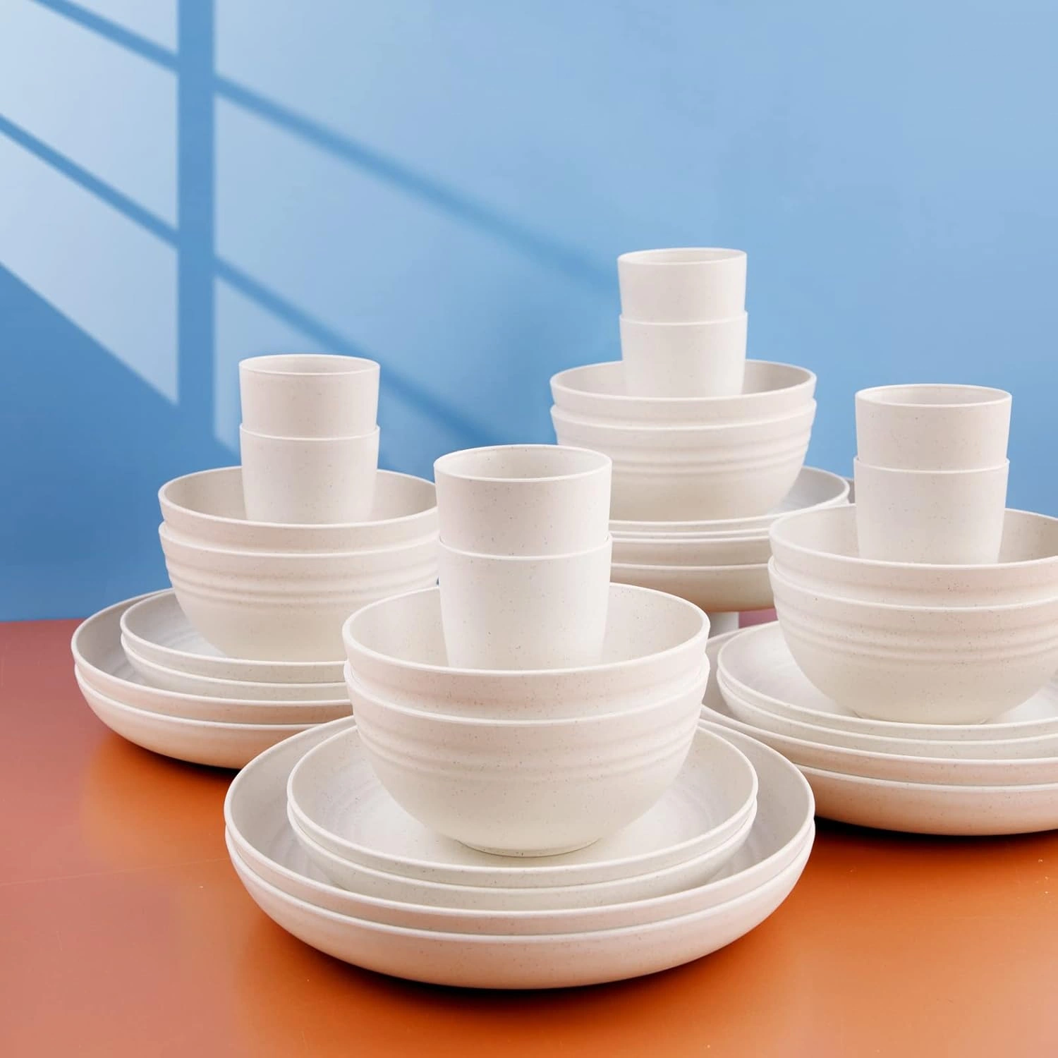 White Wheat Straw Dinnerware Sets for 8,Microwave Dishwasher Safe,Unbreakable ,Reusable Tableware Set,Beige Set Plates, Bowls, Cups. — view 12