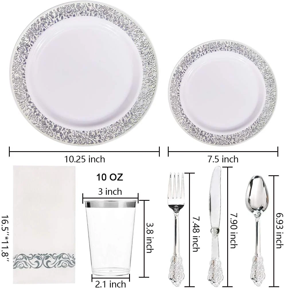 Silver Lace Design Deluxe Disposable Dinnerware Set with Napkins — view 10