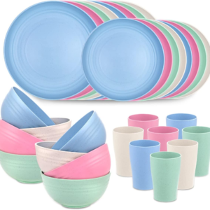 Four Color Wheat Straw Dinnerware Sets for 8,Microwave Dishwasher Safe,Unbreakable ,Reusable Tableware Set,Beige Set Plates, Bowls, Cups. — view 9