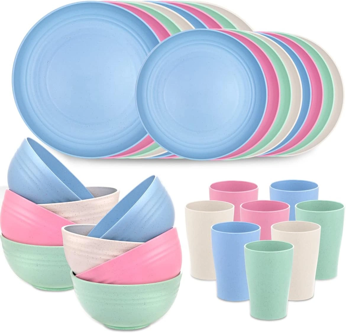 Four Color Wheat Straw Dinnerware Sets for 8,Microwave Dishwasher Safe,Unbreakable ,Reusable Tableware Set,Beige Set Plates, Bowls, Cups. — view 9