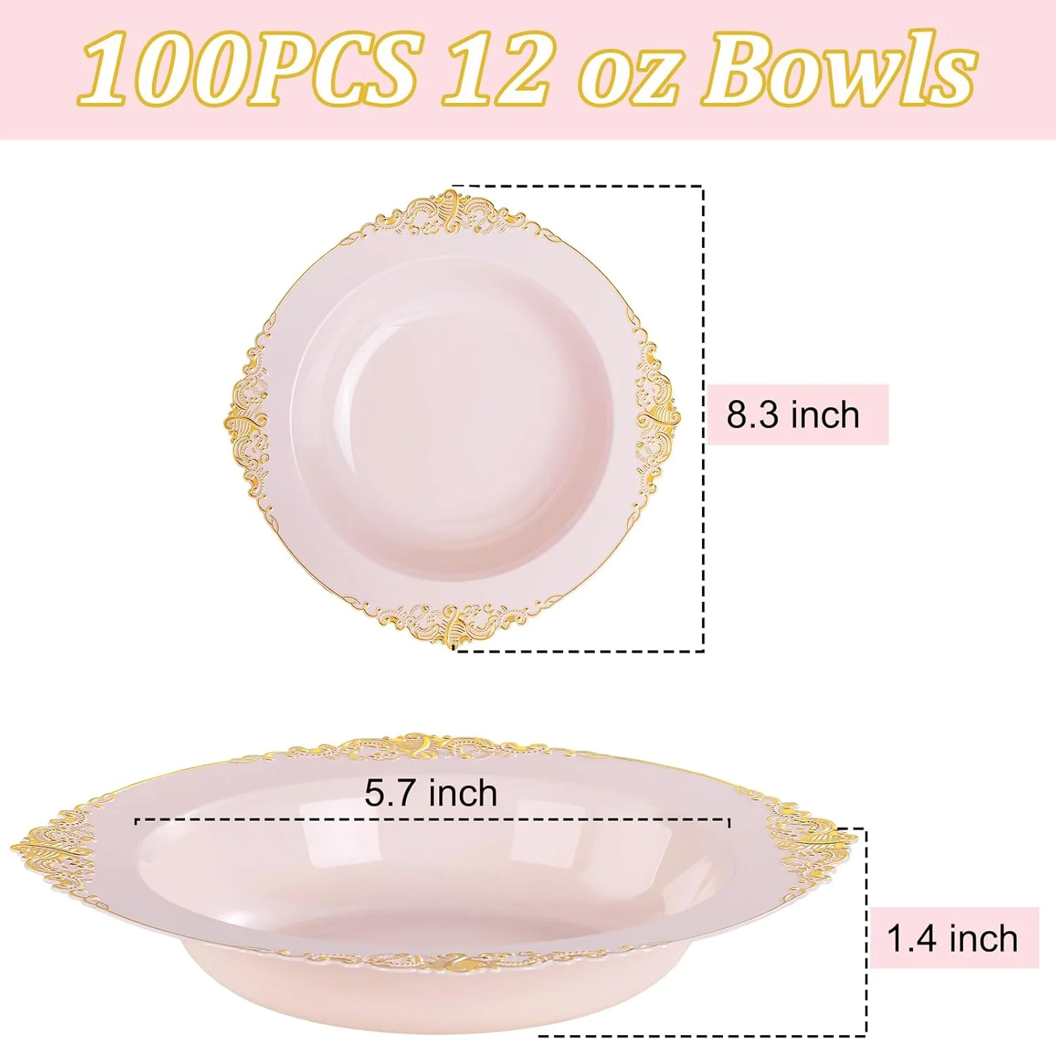 Pink Plastic Bowls- 12 oz White Disposable Salad Bowls — view 13