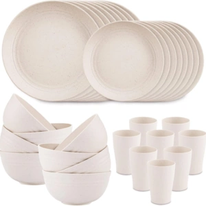 White Wheat Straw Dinnerware Sets for 8,Microwave Dishwasher Safe,Unbreakable ,Reusable Tableware Set,Beige Set Plates, Bowls, Cups. — view 9