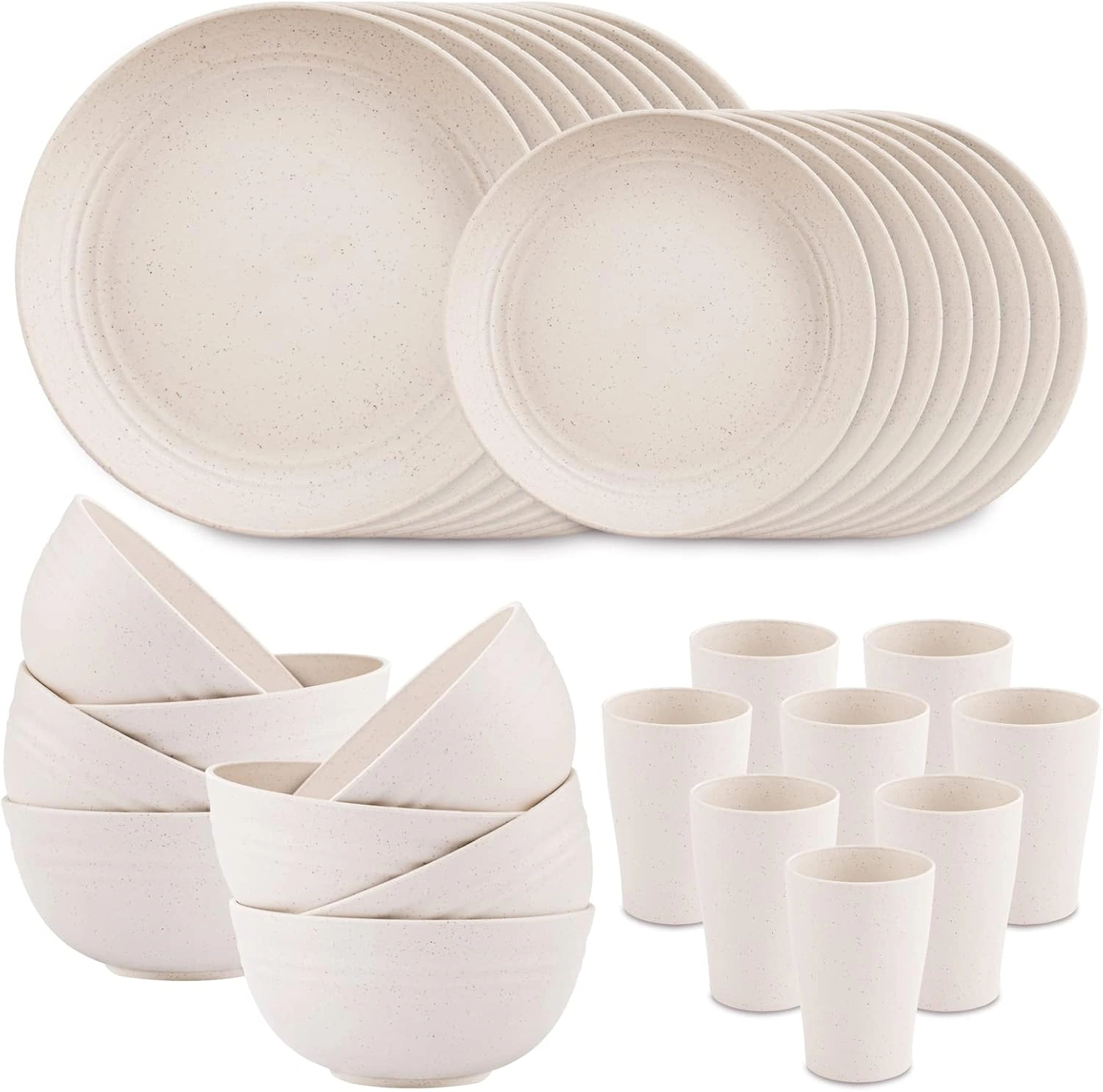 White Wheat Straw Dinnerware Sets for 8,Microwave Dishwasher Safe,Unbreakable ,Reusable Tableware Set,Beige Set Plates, Bowls, Cups. — view 9