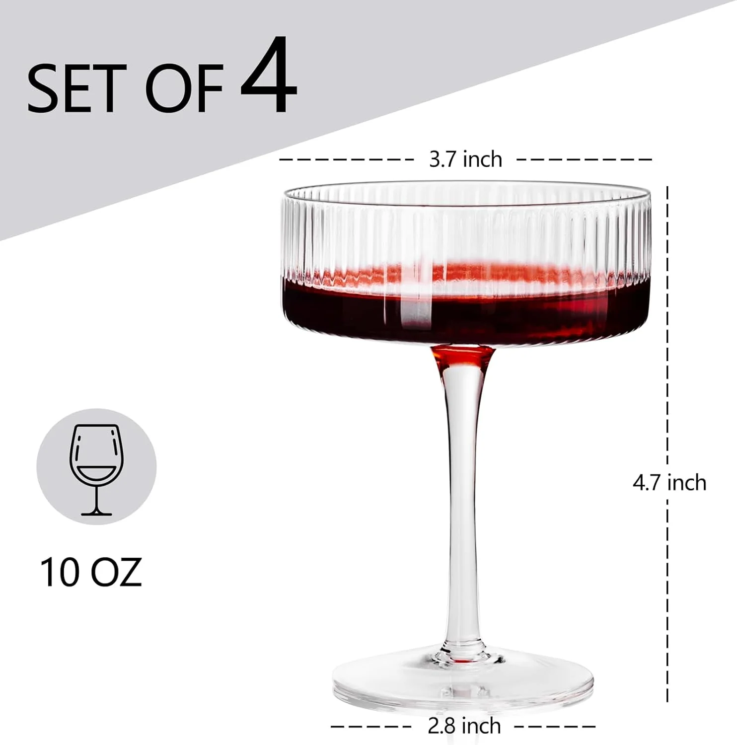 Vintage Ribbed Martini Classic Coupe Glasses, Elegant Design (10 oz) — view 13
