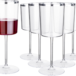 Square Silver Rim Stemmed Plastic Wine Glasses, Clear Design (14 oz) — view 11