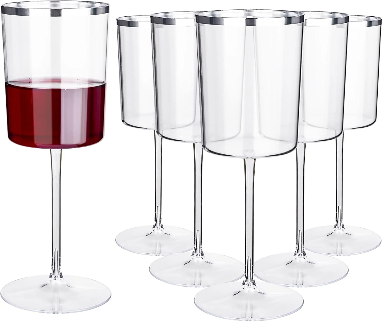 Square Silver Rim Stemmed Plastic Wine Glasses, Clear Design (14 oz) — view 11