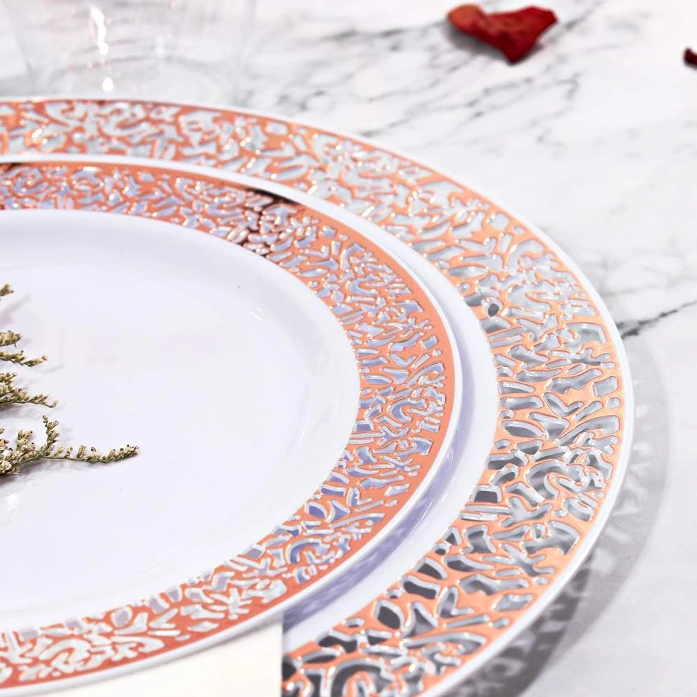 Rose Gold Lace Design Deluxe Disposable Dinnerware Set with Napkins — view 10