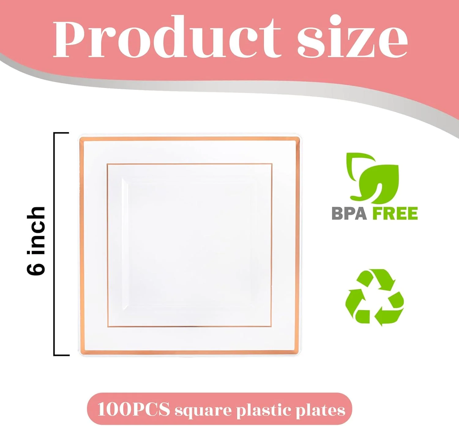 Clear Rose Gold Square Plastic Plates-6inch Disposable Cake Plates- Premium Hard Square Small Appetizer Plates for Wedding/Party — view 13