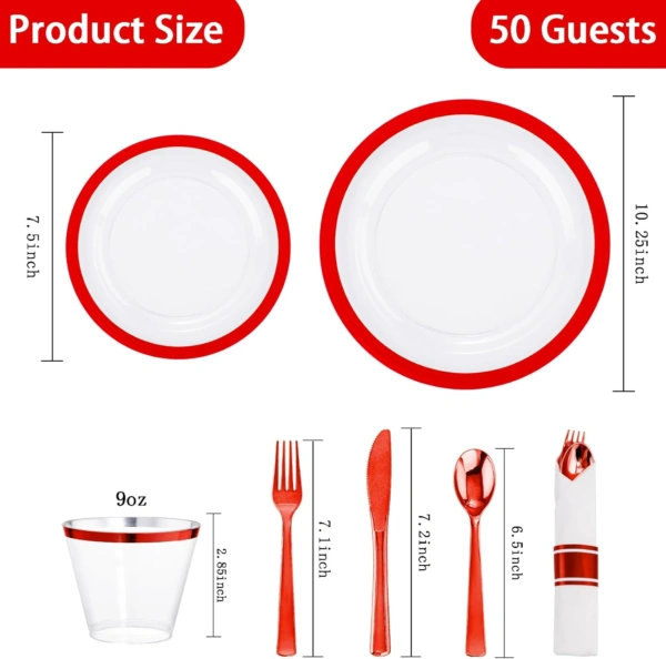 Clear Red Dark Plastic Plates, Disposable Plates for , Dinnerware Include 50 Dinner Plates 50 Dessert Plates, 50 Cups, 50 Pre Rolled Napkins with Cutlery Set for Party — view 12