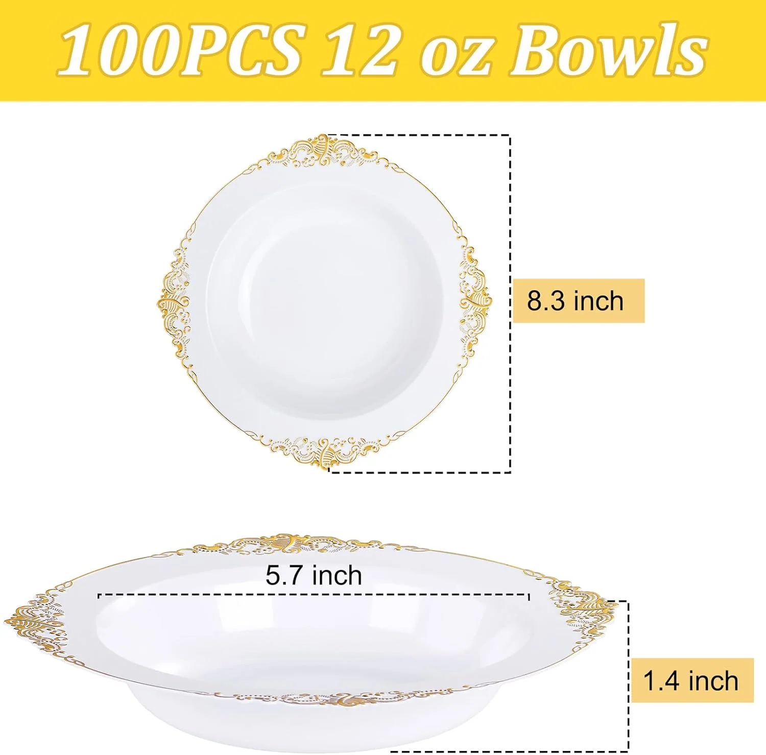 Gold Plastic Bowls- 12 oz White Disposable Salad Bowls — view 13