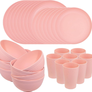 Baby Pink Wheat Straw Dinnerware Sets for 8,Microwave Dishwasher Safe,Unbreakable ,Reusable Tableware Set,Beige Set Plates, Bowls, Cups. — view 11