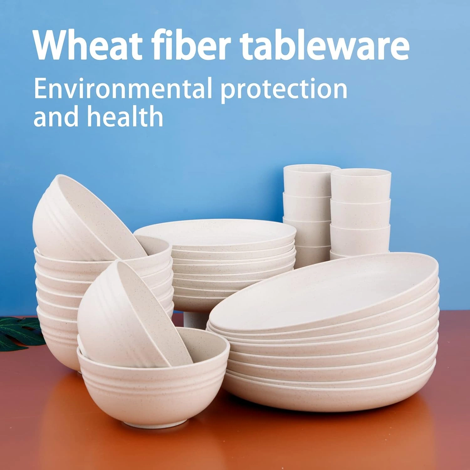 White Wheat Straw Dinnerware Sets for 8,Microwave Dishwasher Safe,Unbreakable ,Reusable Tableware Set,Beige Set Plates, Bowls, Cups. — view 13