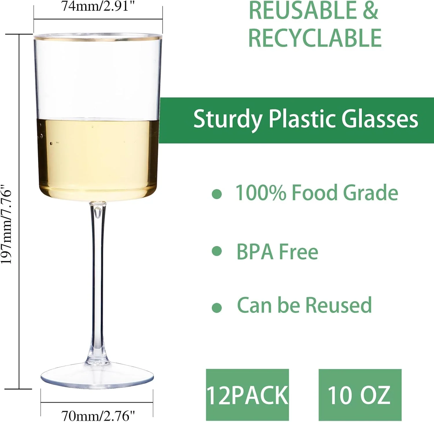 Plastic Stemmed Wine Glasses, Gold Rim, Clear Design (10 oz, 12 Pack) — view 13