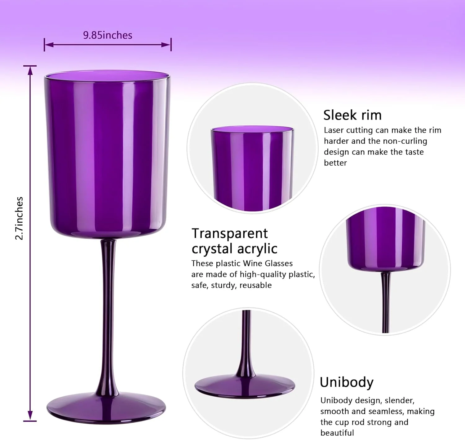 Purple Plastic Wine Glasses with Long Stem, Clear Design (10 oz, 12 Pack) — view 13