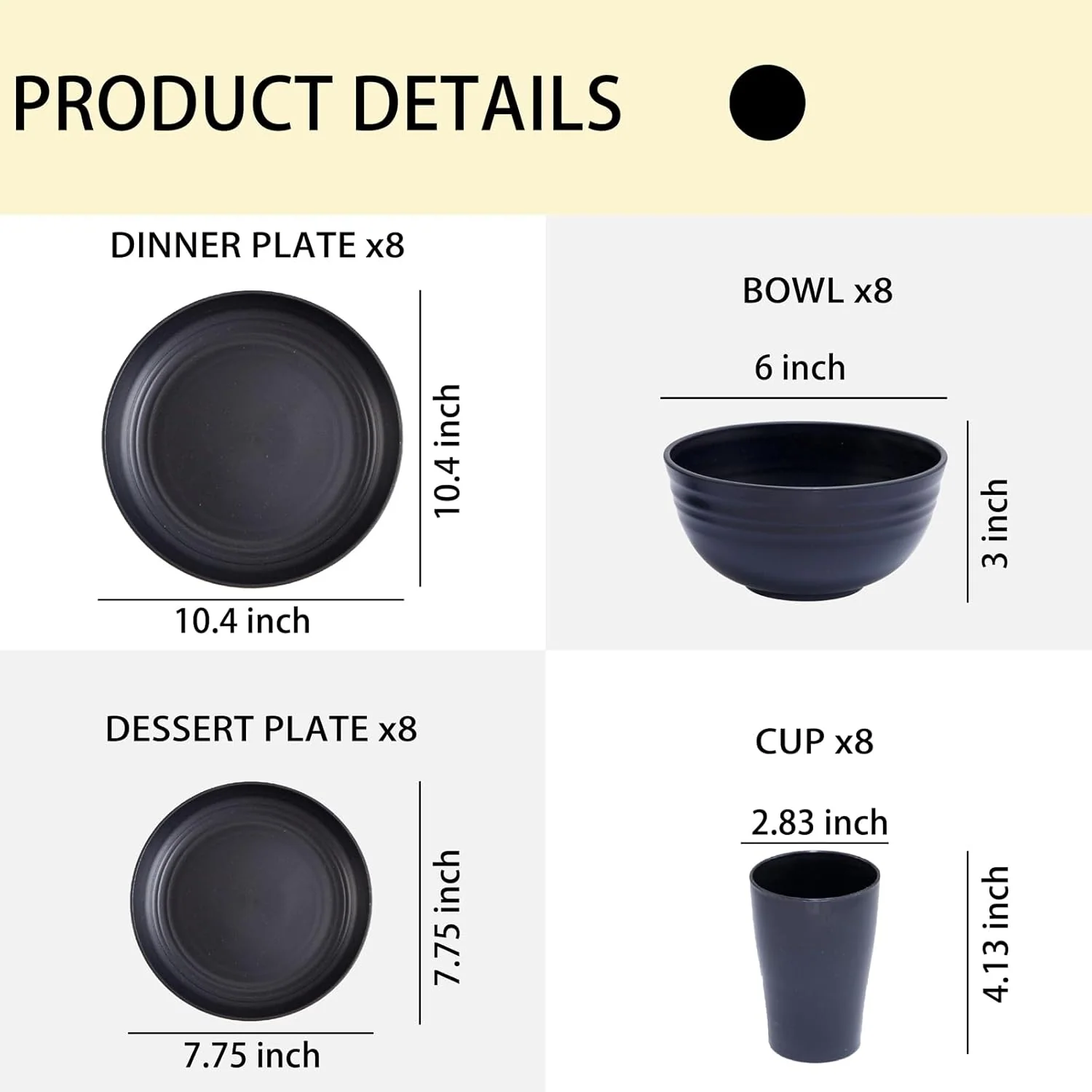 Black Wheat Straw Dinnerware Sets,Unbreakable Dinner Plates for 8,Microwave Dishwasher Safe,Reusable ,Set Plates, Bowls, Cups. — view 13