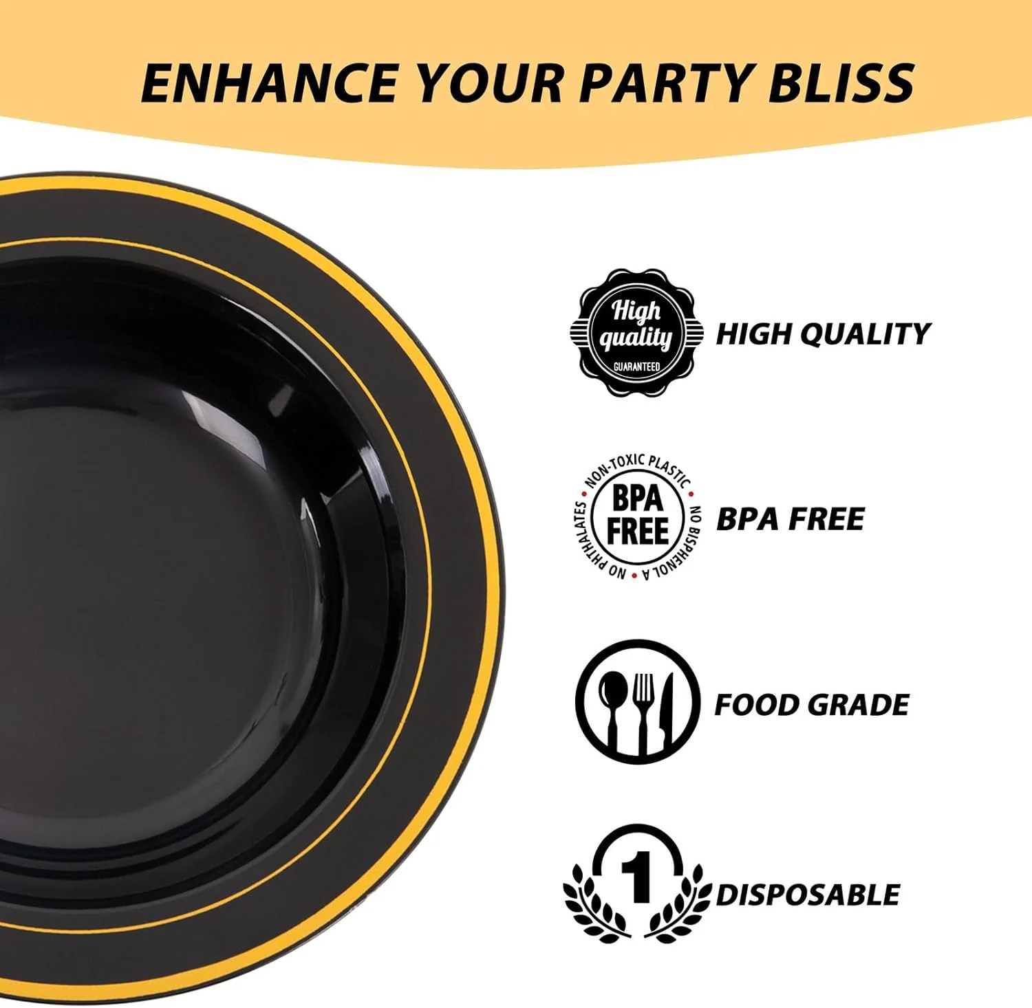 Black Plastic Bowls with Gold Rim — view 13
