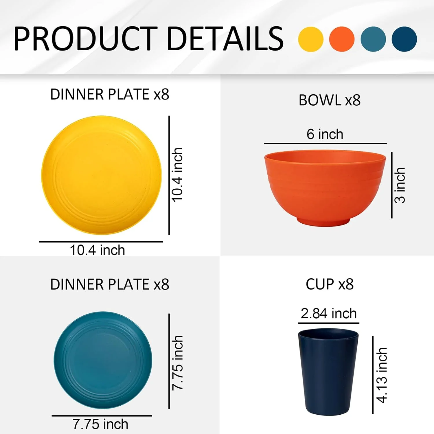 Blue & Dark Blue & Orange & Yellow Wheat Straw Dinnerware Sets,Unbreakable Dinner Plates for 8,Microwave Dishwasher Safe,Reusable ,Set Plates, Bowls, Cups. — view 13