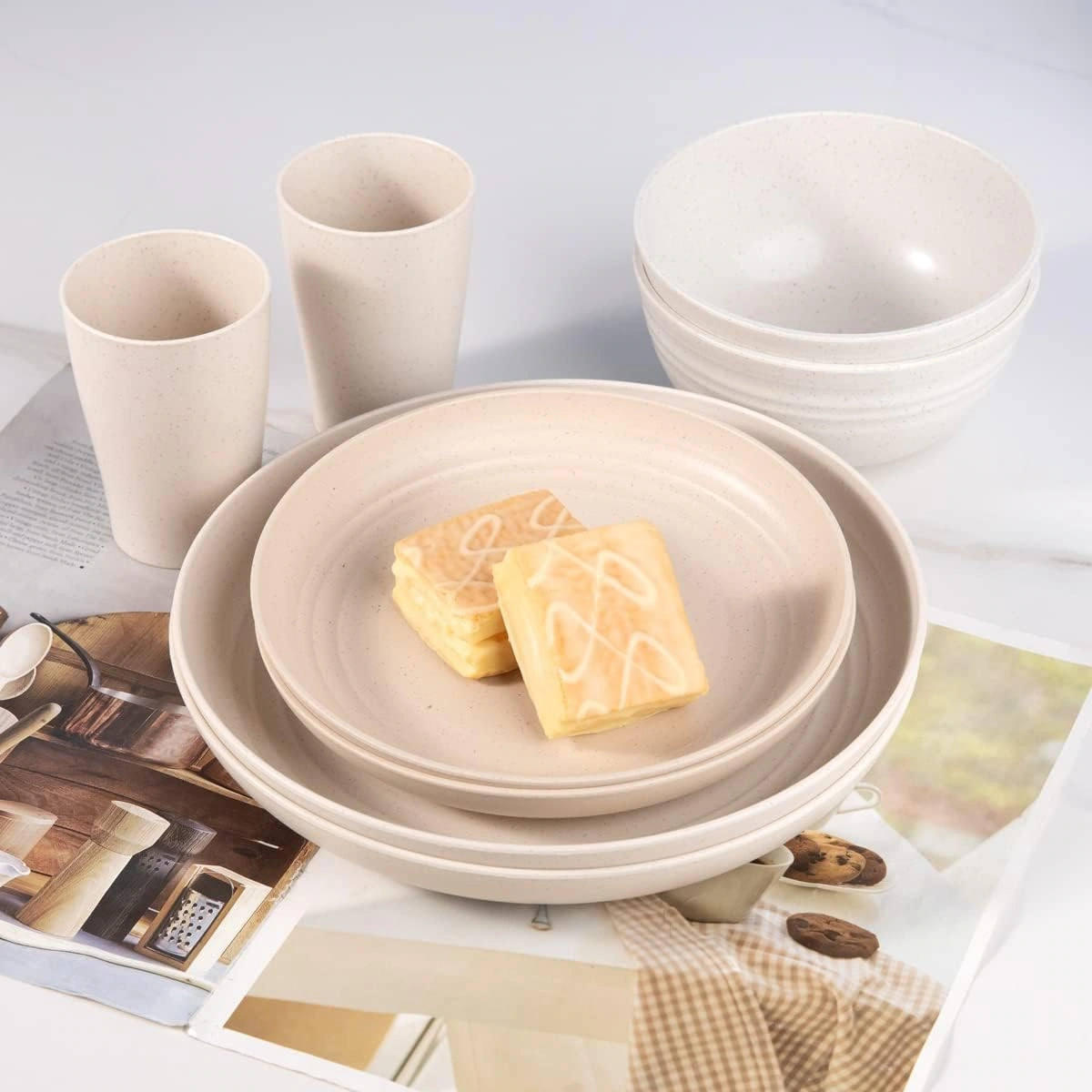 Four Color Wheat Straw Dinnerware Sets for 8,Microwave Dishwasher Safe,Unbreakable ,Reusable Tableware Set,Beige Set Plates, Bowls, Cups. — view 14