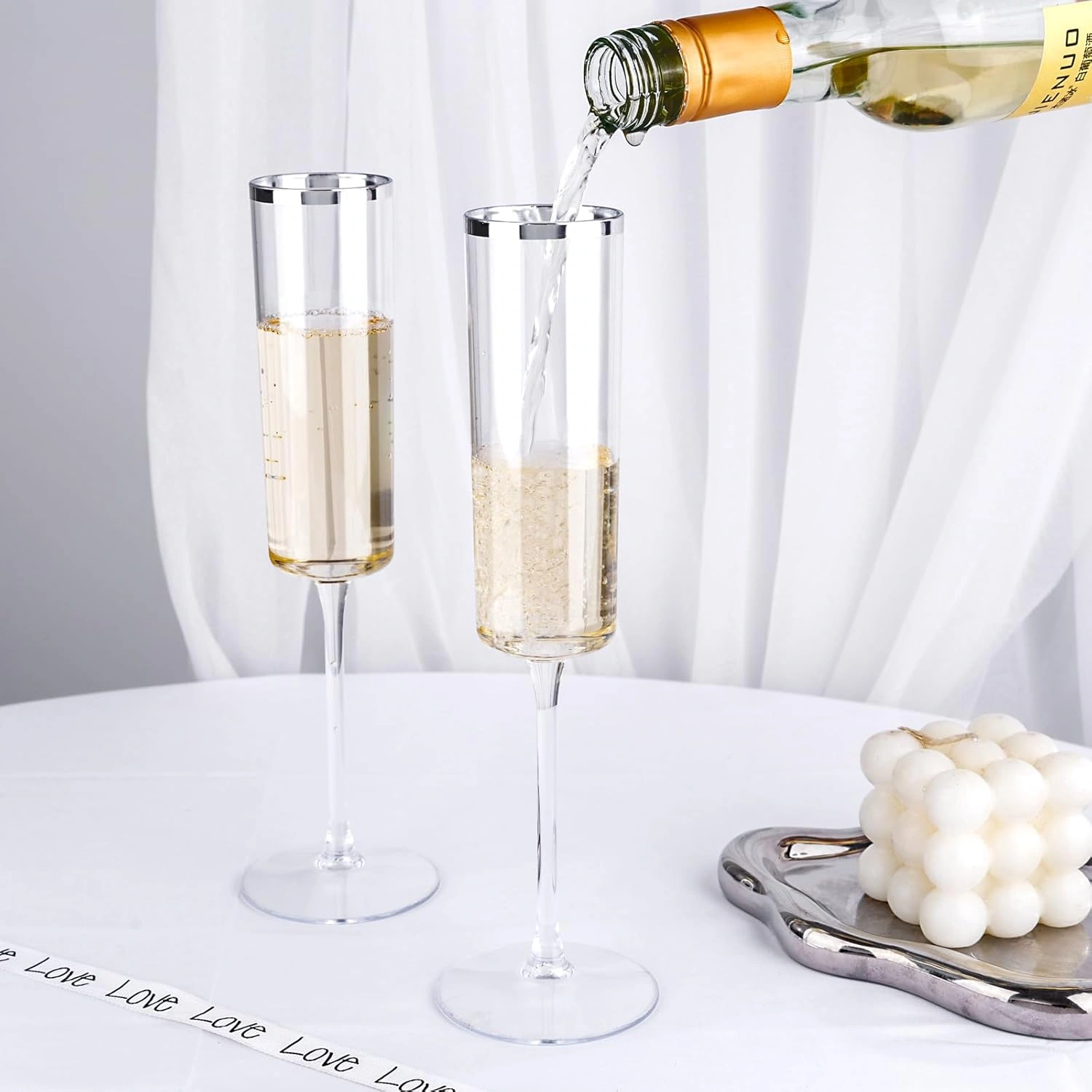 Silver Rim Square Plastic Champagne Flutes, Clear Design (6 oz) — view 11
