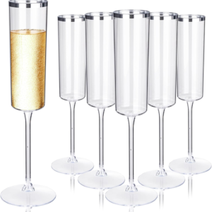 Silver Rim Square Plastic Champagne Flutes, Clear Design (6 oz) — view 10