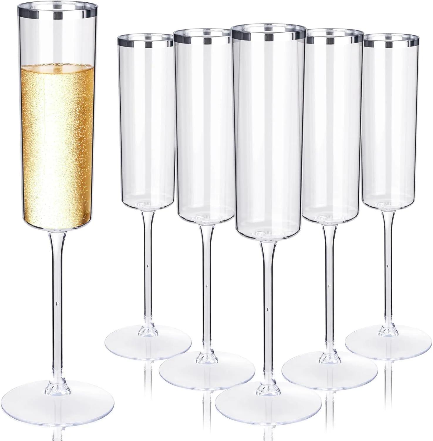 Silver Rim Square Plastic Champagne Flutes, Clear Design (6 oz) — view 10