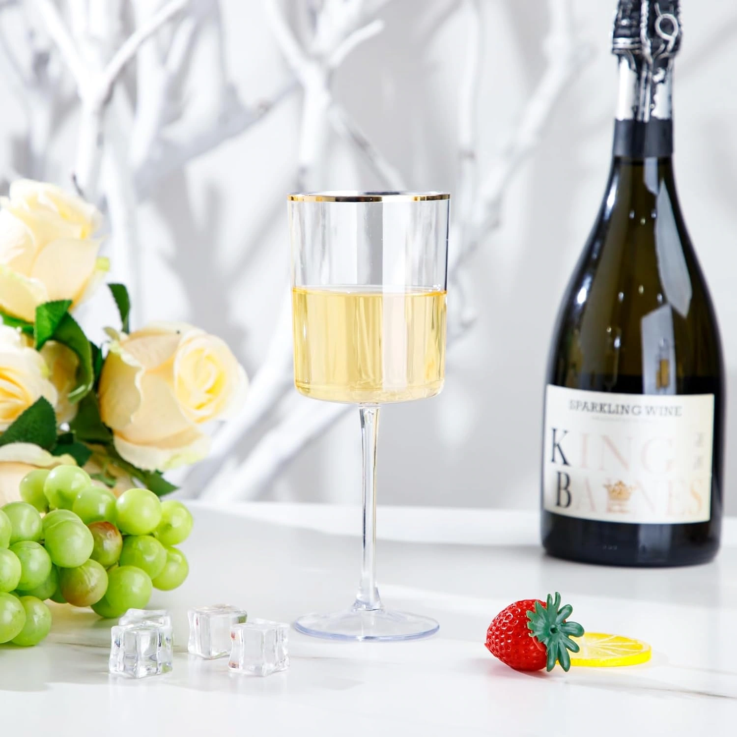 Plastic Stemmed Wine Glasses, Gold Rim, Clear Design (10 oz, 12 Pack) — view 12
