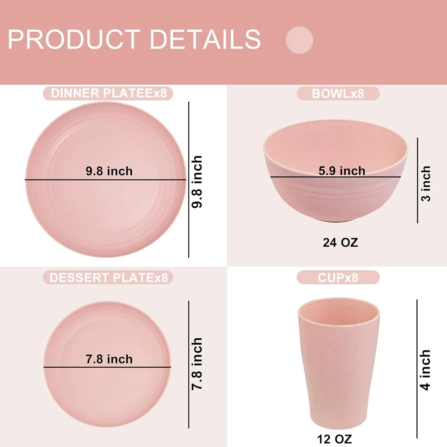 Baby Pink Wheat Straw Dinnerware Sets for 8,Microwave Dishwasher Safe,Unbreakable ,Reusable Tableware Set,Beige Set Plates, Bowls, Cups. — view 13