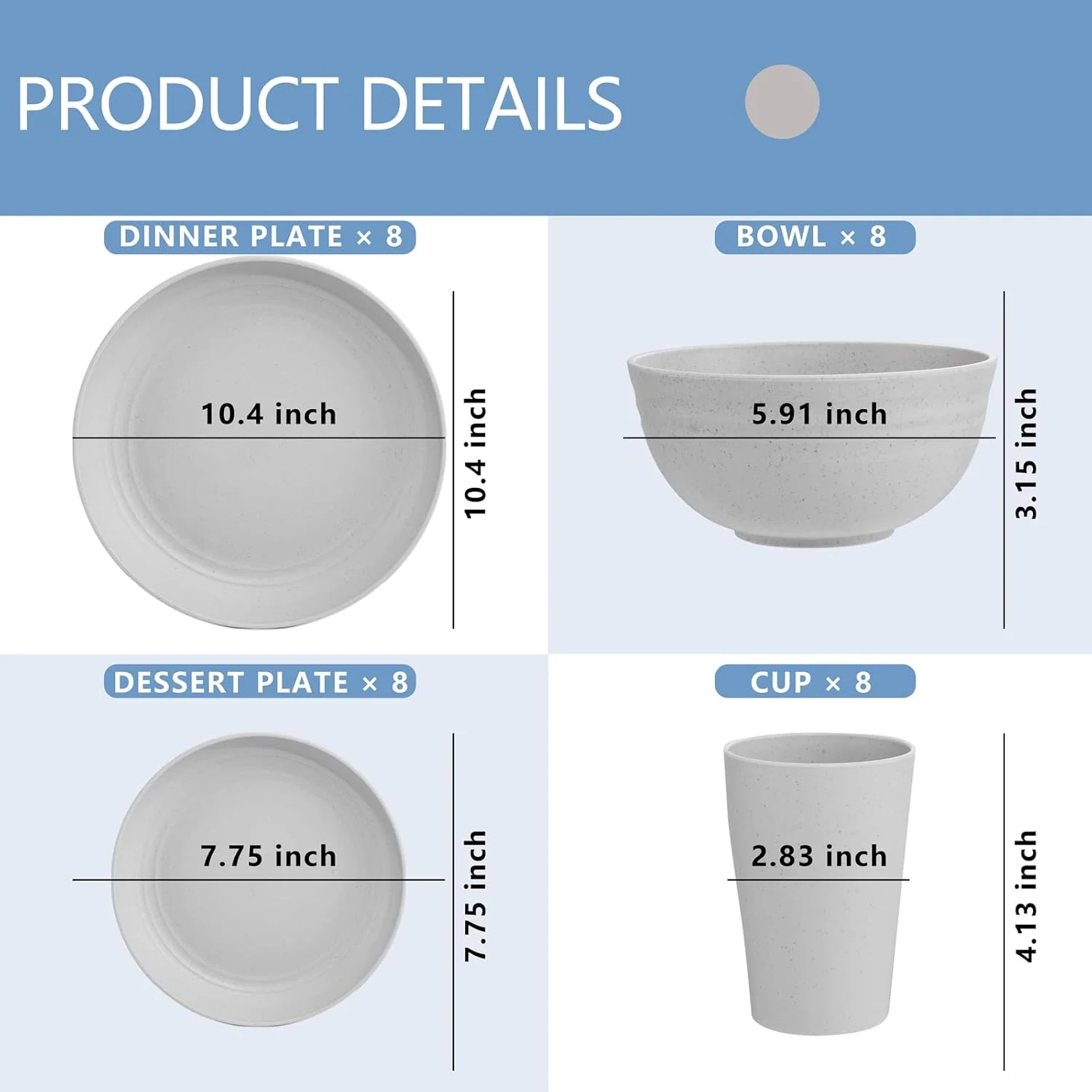 Light Grey Wheat Straw Dinnerware Sets,Unbreakable Dinner Plates for 8,Microwave Dishwasher Safe,Reusable ,Set Plates, Bowls, Cups. — view 13