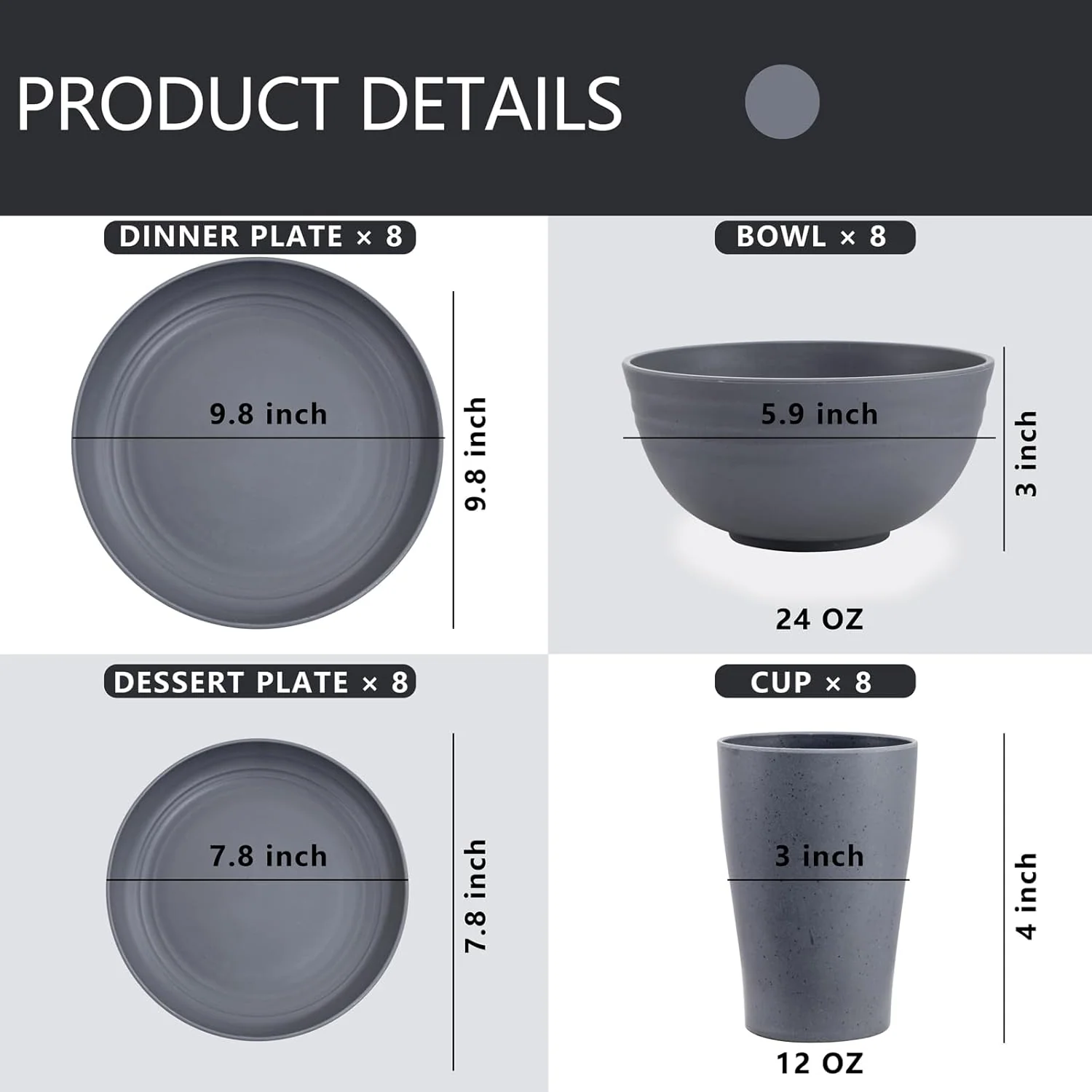 Dark Grey Wheat Straw Dinnerware Sets,Unbreakable Dinner Plates for 8,Microwave Dishwasher Safe,Reusable ,Set Plates, Bowls, Cups. — view 13