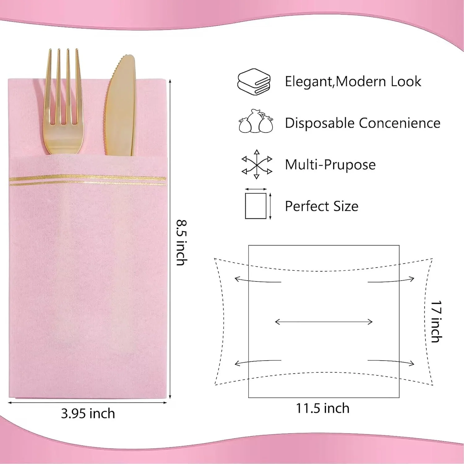 Pink Paper Napkins with Built-in Flatware Pocket — view 13